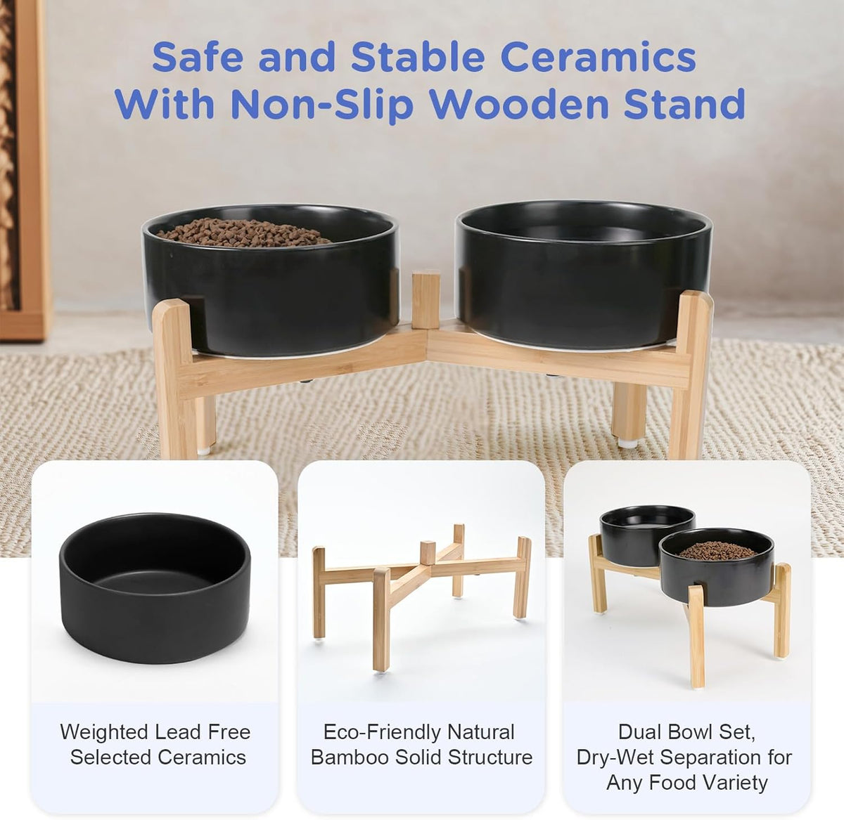 SPUNKYJUNKY Elevated Dog Bowls Ceramic, 7.3'' Dogs Food Water Bowls Raised with Non-Slip Bamboo