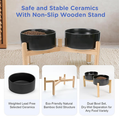 SPUNKYJUNKY Elevated Dog Bowls Ceramic, 7.3'' Dogs Food Water Bowls Raised with Non-Slip Bamboo