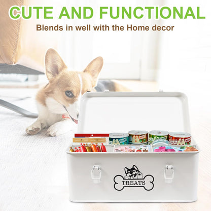 Metal Dog Treat Container,Dog Treats Storage Box with Lid,White Pet Food Bin with