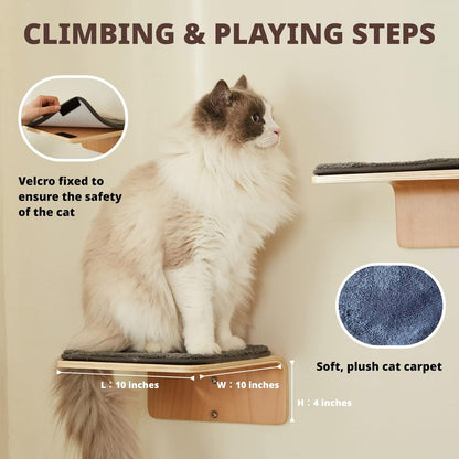 2 Set Cat Wall Steps - Wooden Cat Climbing Shelf for Wall - Cats Wall Stairs with Scratching Mat