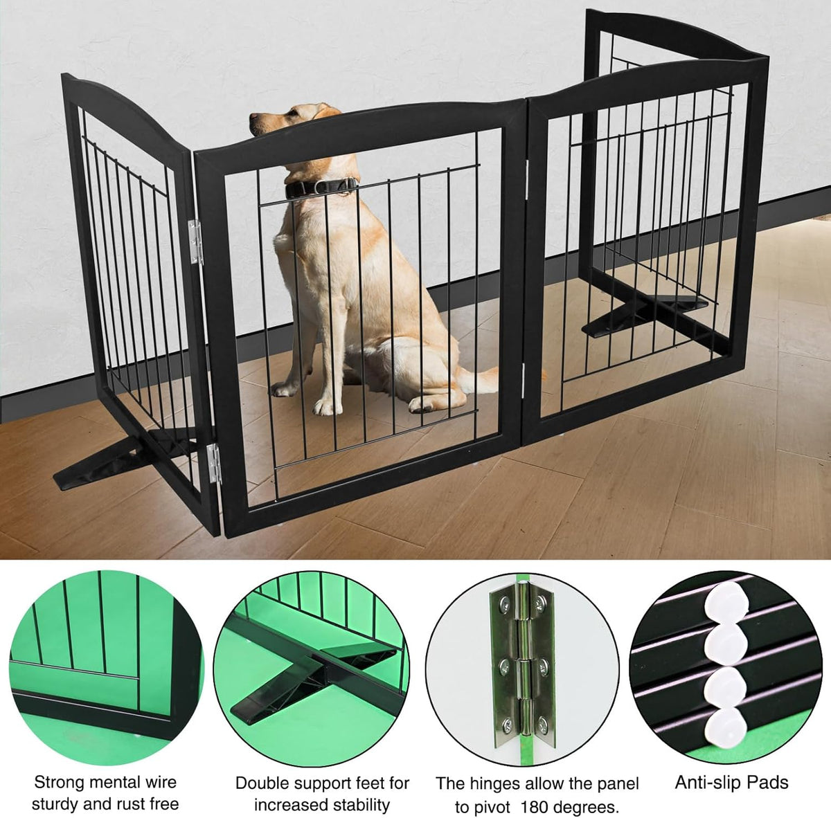ZJSF Freestanding Dog Fence Indoor, Foldable Dog Gate for Doorways, Stairs or Hallways, Sturdy Wood