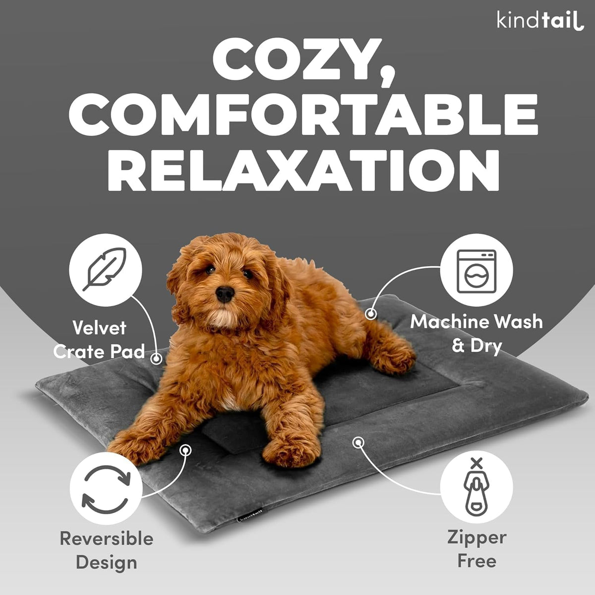 KindTail Dog Crate Pad - Soft Velvet, Reversible Bed - Machine Washable Kennel Mat for Pets up to