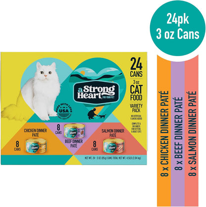 A Strong Heart Canned Wet Cat Food, Chicken, Beef and Salmon Variety Pack - 3 oz Cans (Pack of 24)