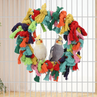 Bird Colorful Cotton Rope Hanging Ring Parrot Preening Grooming Chew Climb Biting Toy for African