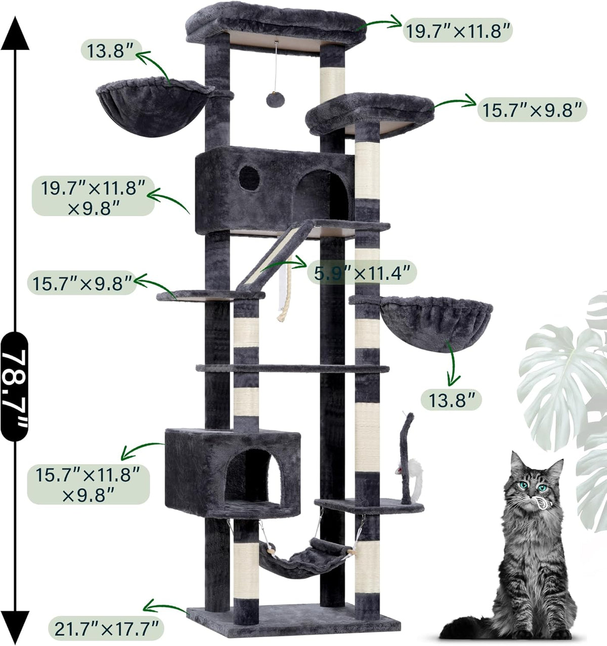 Cat Tree for Large Cats, 78.7"(200cm) Tall Cat Tower for Indoor Cats Multiple Cats with Large Top