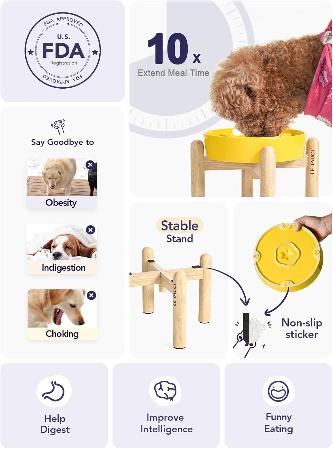 LE TAUCI Ceramic Slow Feeder Puzzle Bowl Elevated 1.5 Cup with Wooden Stand for Small & Medium Dog