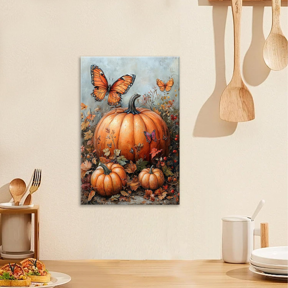 Fall Pumpkin Pictures Wall Art, Rustic Thanksgiving Bathroom Wall Decor, Farmhouse Autumn Butterfly