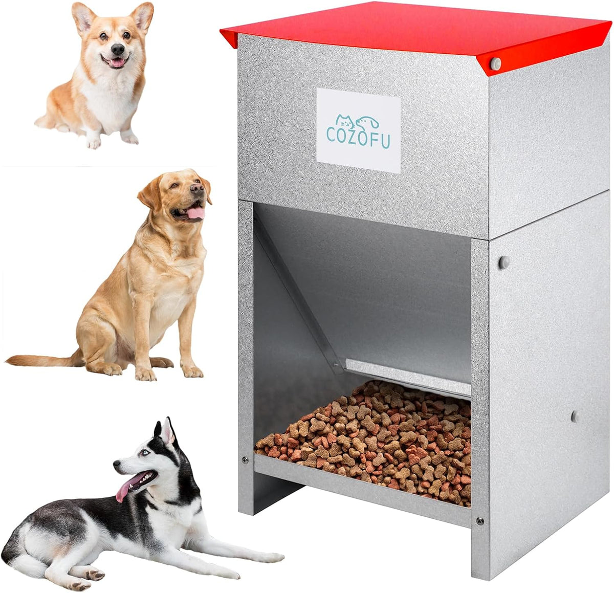Dog Feeder - Galvanized Metal Pet Food Station for Indoor & Outdoor Use - Automatic Gravity-Fed