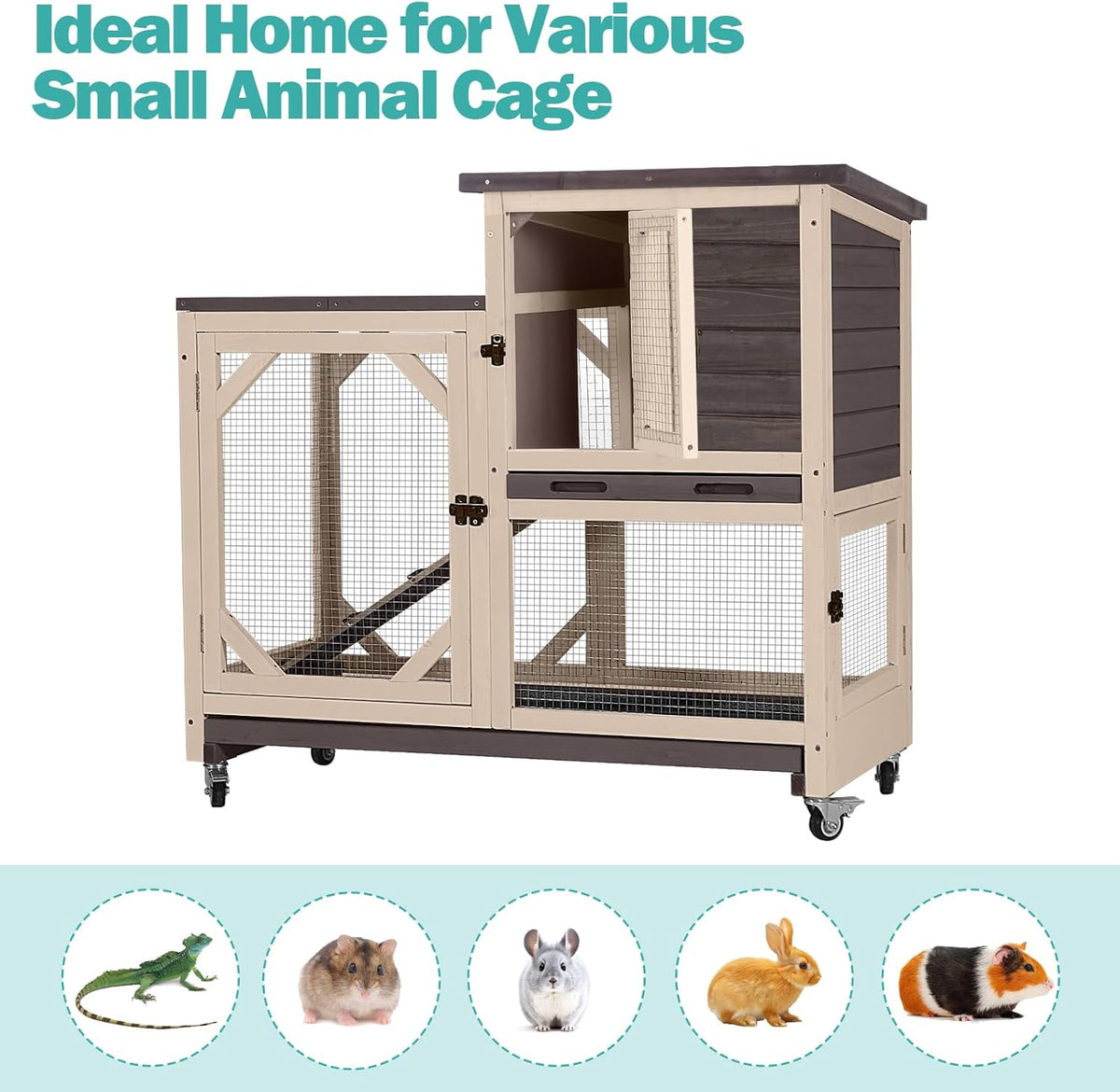 Rabbit Hutch Indoor for 2-4 Rabbits & Guinea Pigs，Bunny Cage with Slide-Out Plastic Trays，Wooden