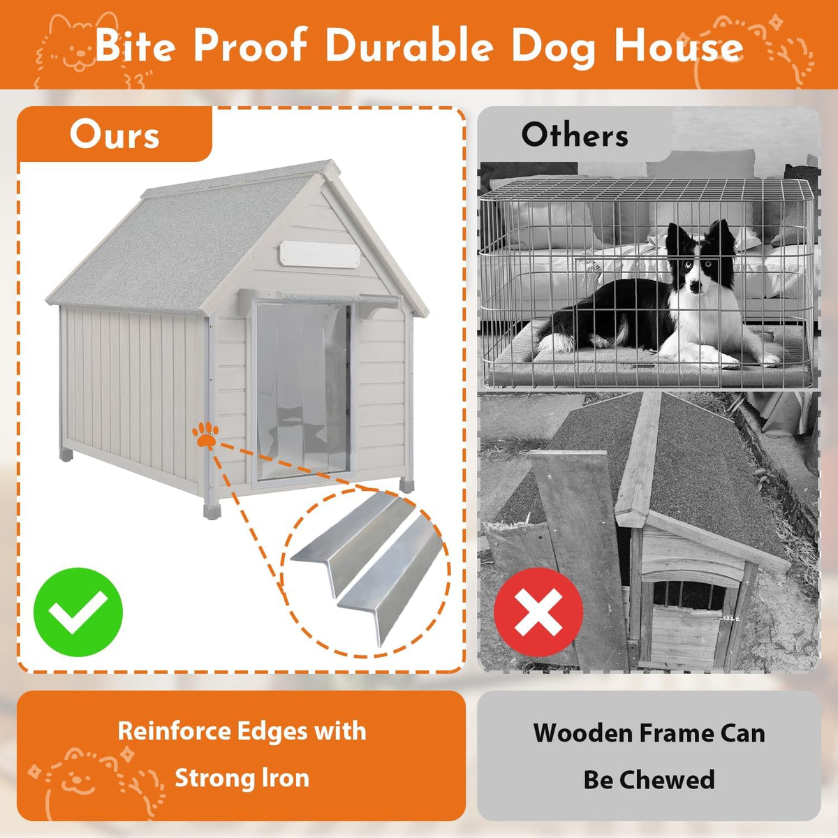 Outdoor Dog House Weatherproof Large Wooden Dog Kennel Indoor for Small Dogs with Chew-Proof Frame
