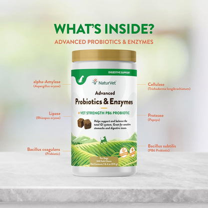 NaturVet Advanced Probiotics & Enzymes, PB6 Dog Soft Chews to Help Sensitive Stomachs and Digestive