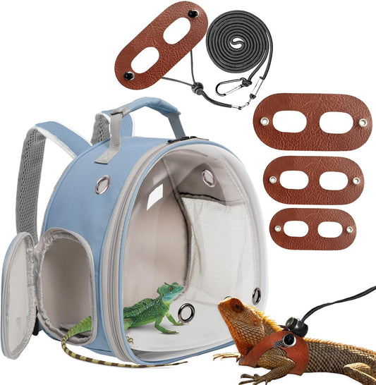 Small Animal Portable Backpack Carrier with Leather Harness and Leash Set,Space Capsule Clear