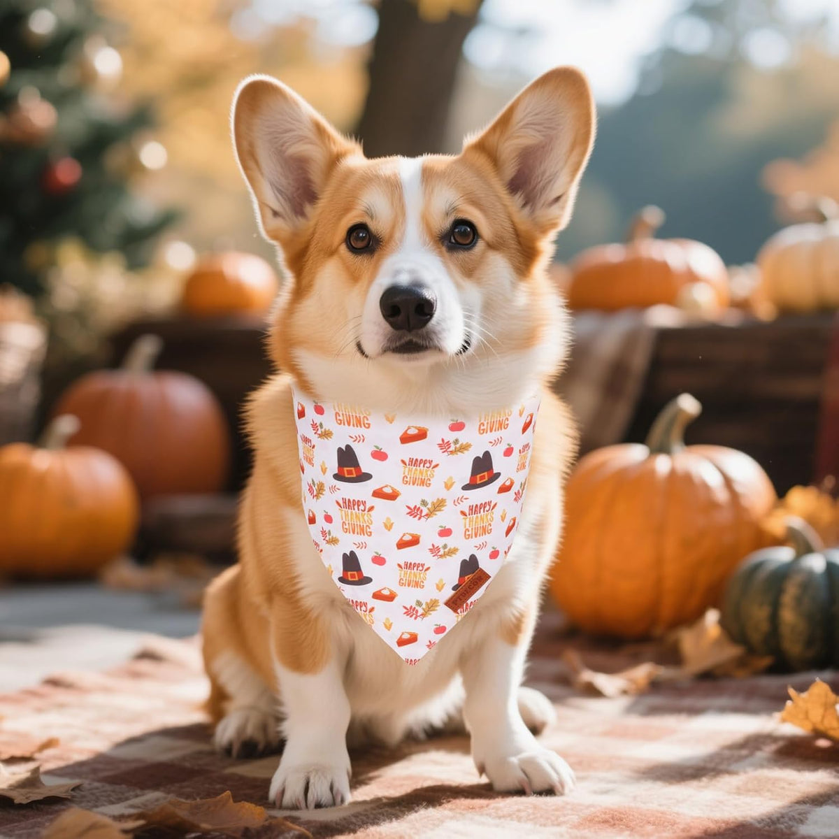 PTDECOR Thanksgiving Fall Dog Bandanas, Orange White Reversible Holiday Pet Scarf, Happy