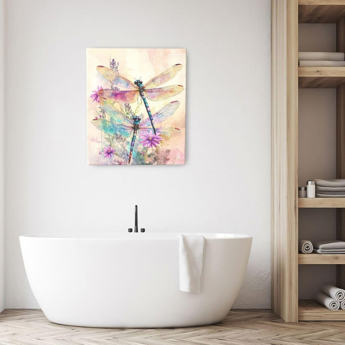 Dragonfly Bathroom Pictures Wall Art, Floral Bathroom Wall Decor, Framed Painting Canvas Artwork