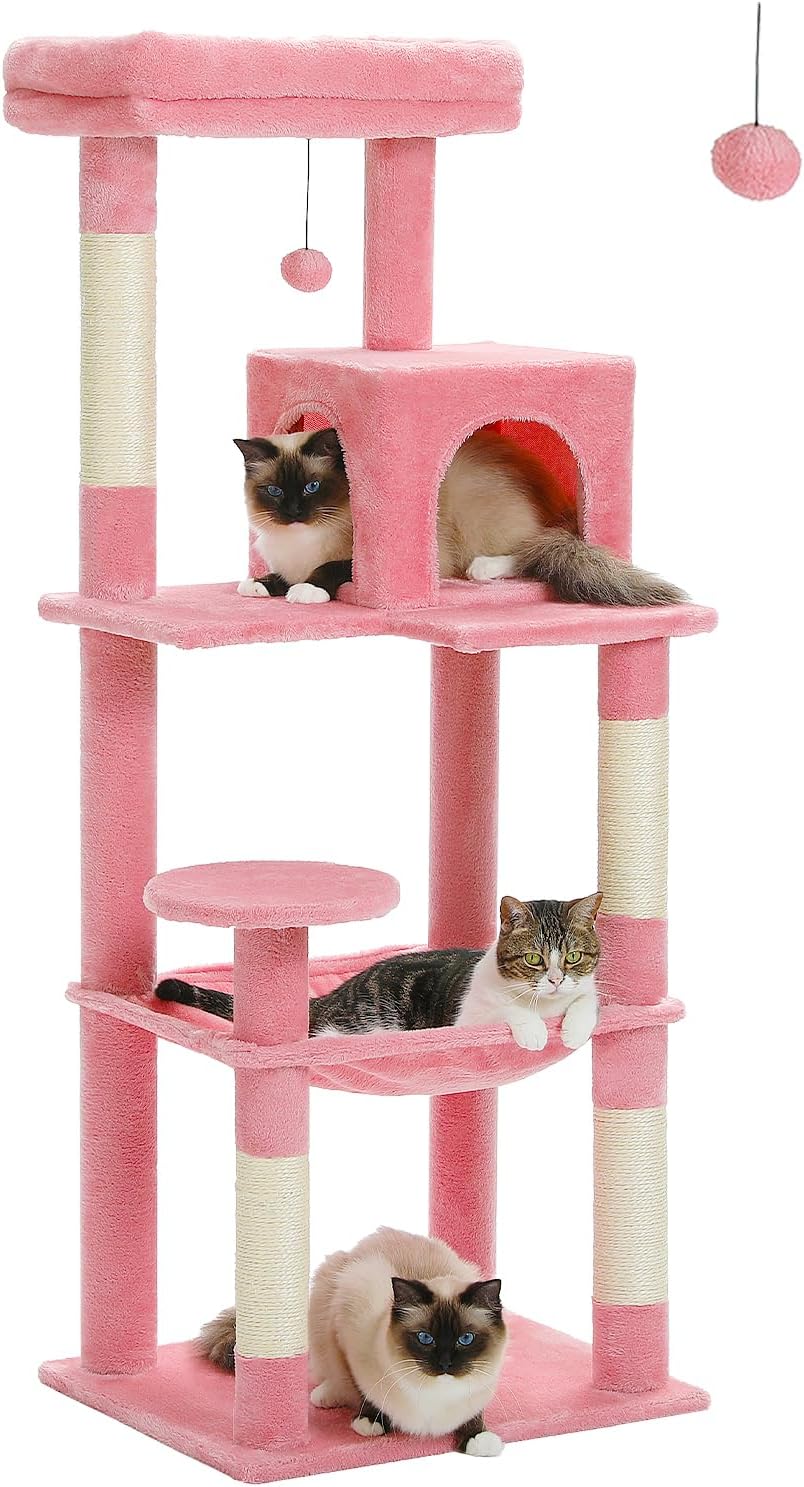 Cat Tree for Large Cats with Metal Plush Big Hammock, 56.3" Cat Tower for Indoor Cats with 2 Door