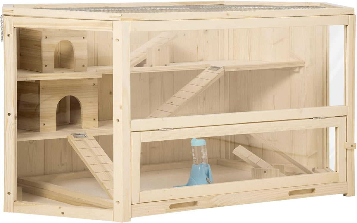 PawHut Wooden Large Hamster Cage Small Animal Exercise Play House 3 Tier with Tray, Seesaws, Water