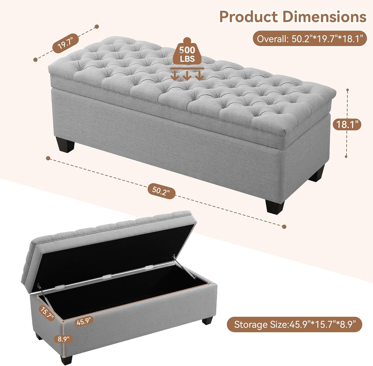 51" Fabric Storage Ottoman Bench, Upholstered Rectangle End of Bed Storage Ottoman Tufted Living