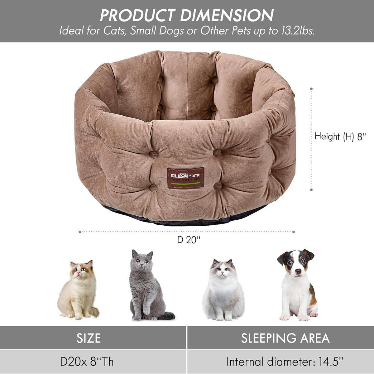 ClevaHome Deep Nest Cat Bed for Small Pets up to 15lbs - Round Cat Beds for Indoor Cats, Luxurious