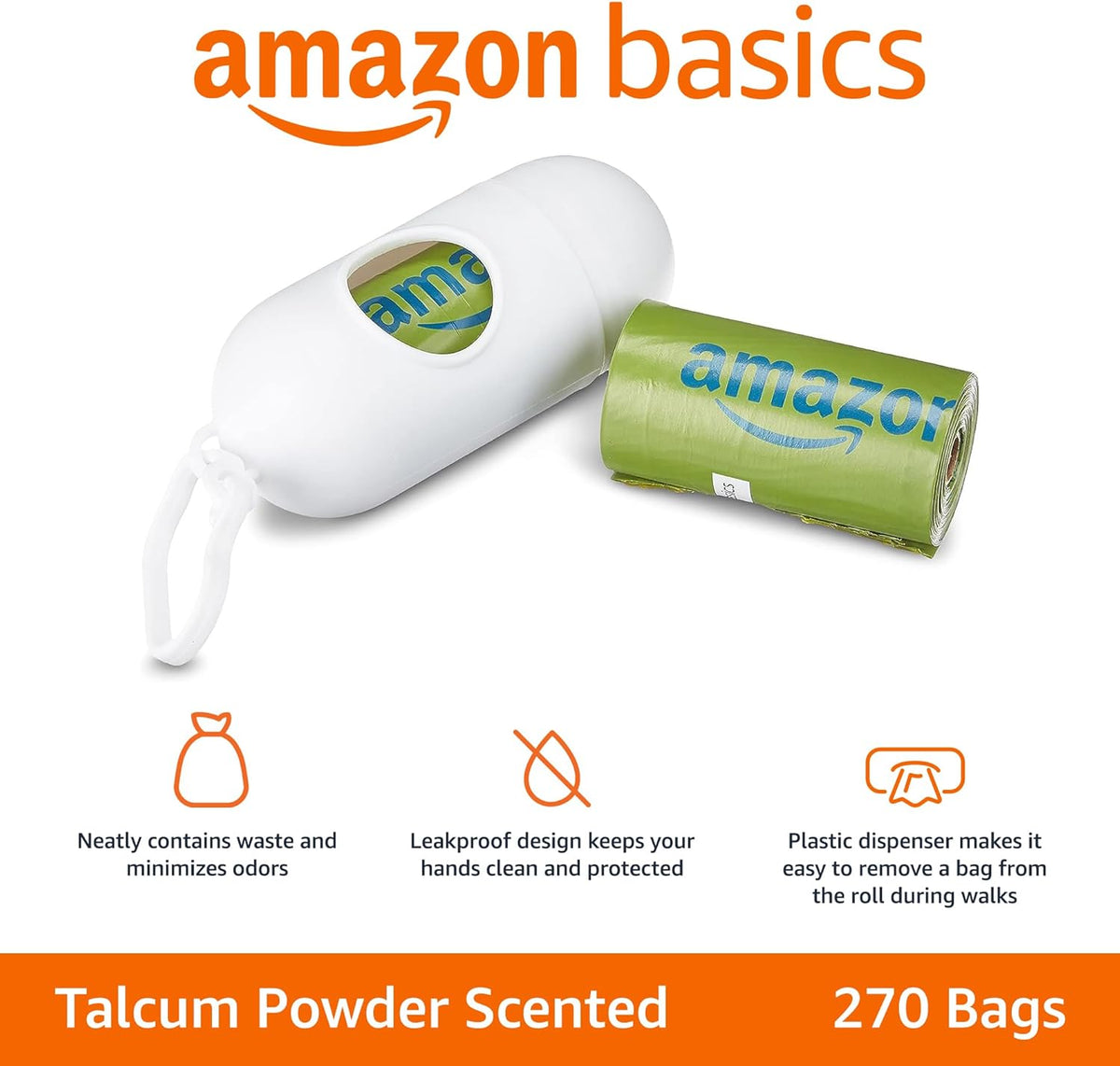 Amazon Basics Dog Poop Bags with Dispenser, 270 Count, Enhanced for Guaranteed Leakproof, Talcum