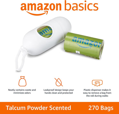 Amazon Basics Dog Poop Bags with Dispenser, 270 Count, Enhanced for Guaranteed Leakproof, Talcum