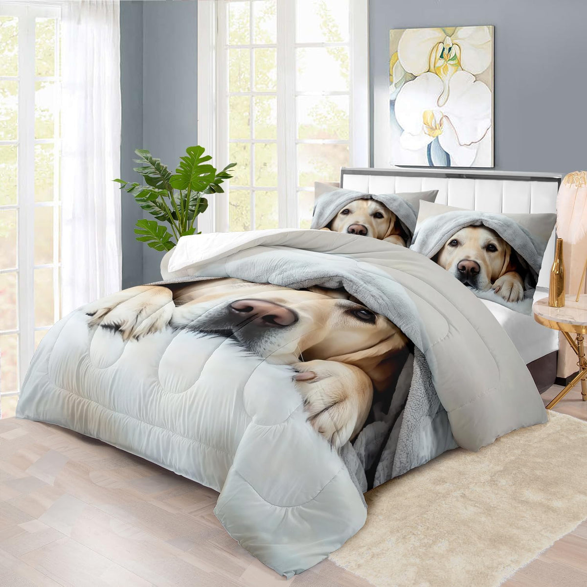 Grey Dog Comforter Set King Size Boy,Kawaii Pet Dog Animal Print Bedding Set for Girl,Cute Pet