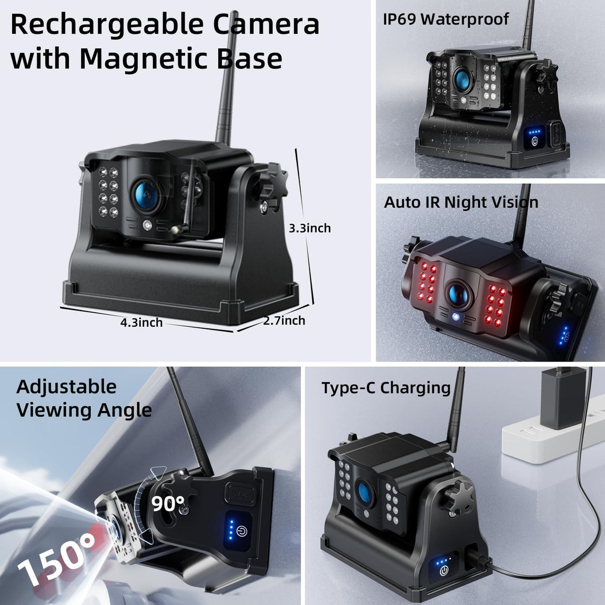 Fookoo HD Magnetic Wireless Backup Camera, 1080P 7" Dual Split Monitor & Rechargeable Rear View