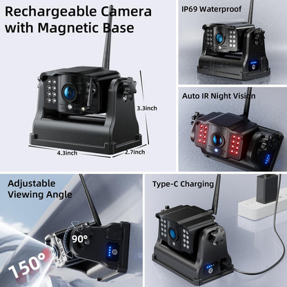 Fookoo HD Magnetic Wireless Backup Camera, 1080P 7" Dual Split Monitor & Rechargeable Rear View