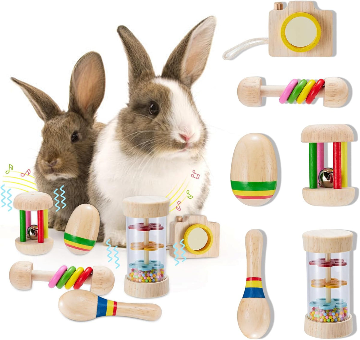 6 Pcs Wooden Bunny Toys - Safe Rabbit & Guinea Pigs Teeth Grinding Toys for Chinchillas, Hamsters &