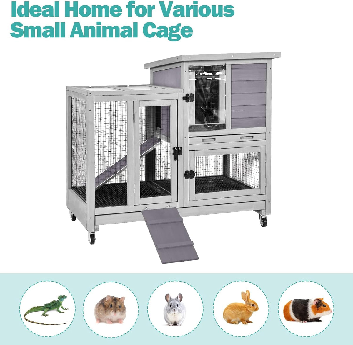 Rabbit Hutch Indoor for 2-4 Rabbits & Guinea Pigs，Bunny Cage with Slide-Out Plastic Trays，Wooden
