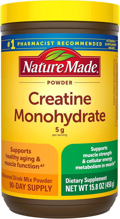 Nature Made Creatine Monohydrate Powder 5 g per Serving, Unflavored Drink Mix Powder, Muscle