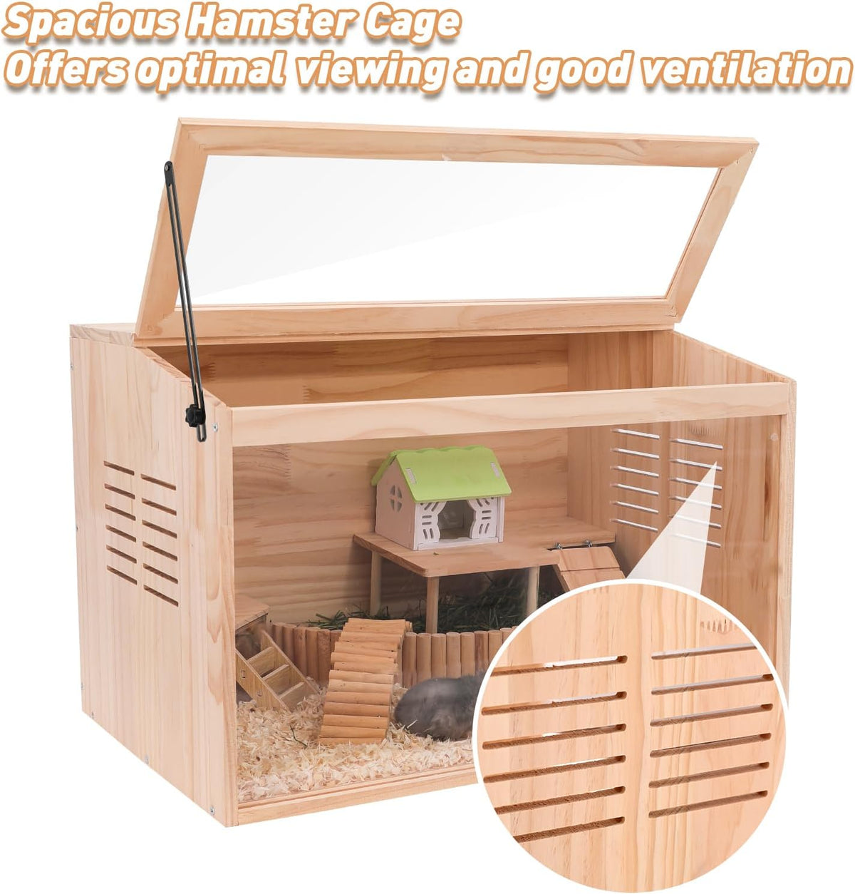 Wooden Hamster Cage,24" Lx16 Wx16 H,Animal Cabinet for Dwarf Syrian Hamsters Degus, Hamster Habitat