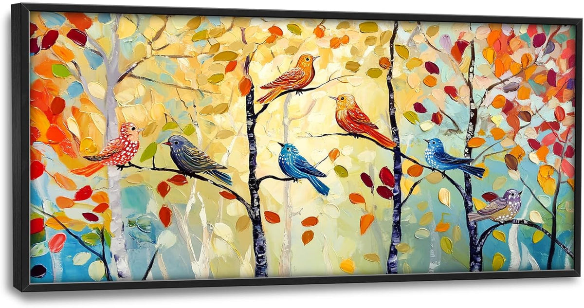 Extra Large Framed Abstract Bird Forest Wall Art,Colorful Birds Birch Tree Wall Decor Pictures for