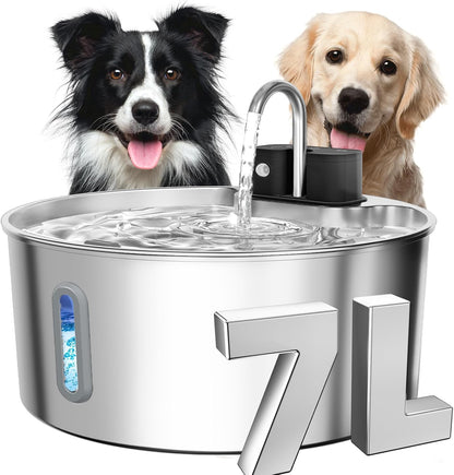 Dog Water Fountain Stainless Steel: 7L/236oz Cordless Large Dog Water Bowl Dispenser Automatic Cat