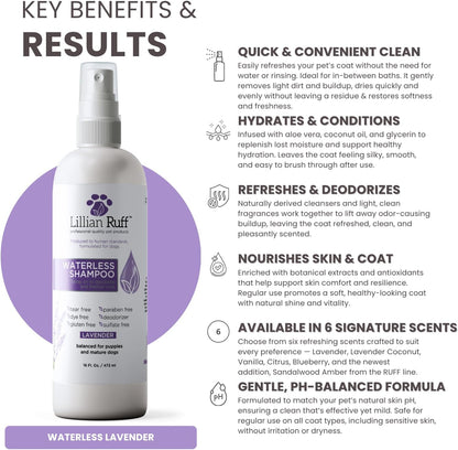 Lillian Ruff Waterless No-Rinse Dog Dry Shampoo Spray with Hydrating Essential Oils - pH-Balanced