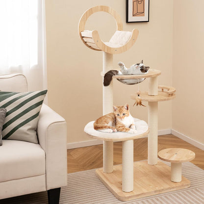 Tangkula Solid Wood Cat Tree, 4-in-1 Building Block Large Cat Tower with Space Capsule Nest