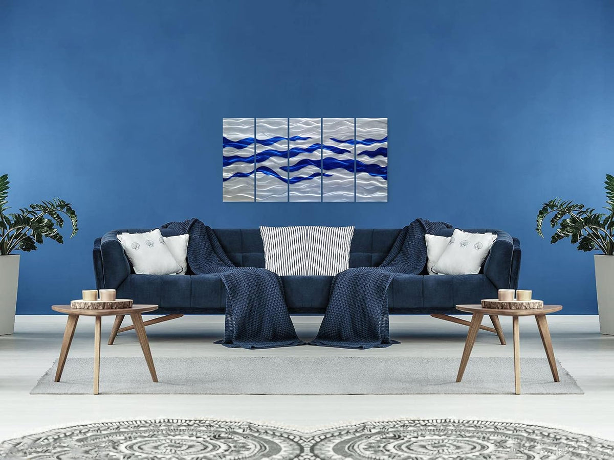 SYGALLERIER Abstract Coastal Metal Wall Art Handcrafted Big 3D Blue and Silver Artwork Modern Sea