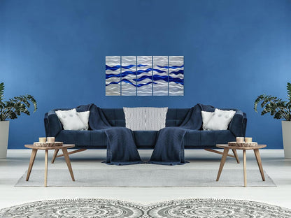 SYGALLERIER Abstract Coastal Metal Wall Art Handcrafted Big 3D Blue and Silver Artwork Modern Sea