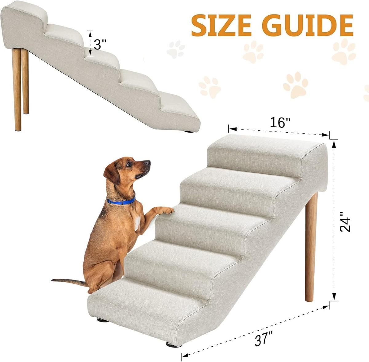 Senneny Imitation Linen Faux Leather Dog Stairs, for Pets up to 150 lbs, Waterproof, Scratch