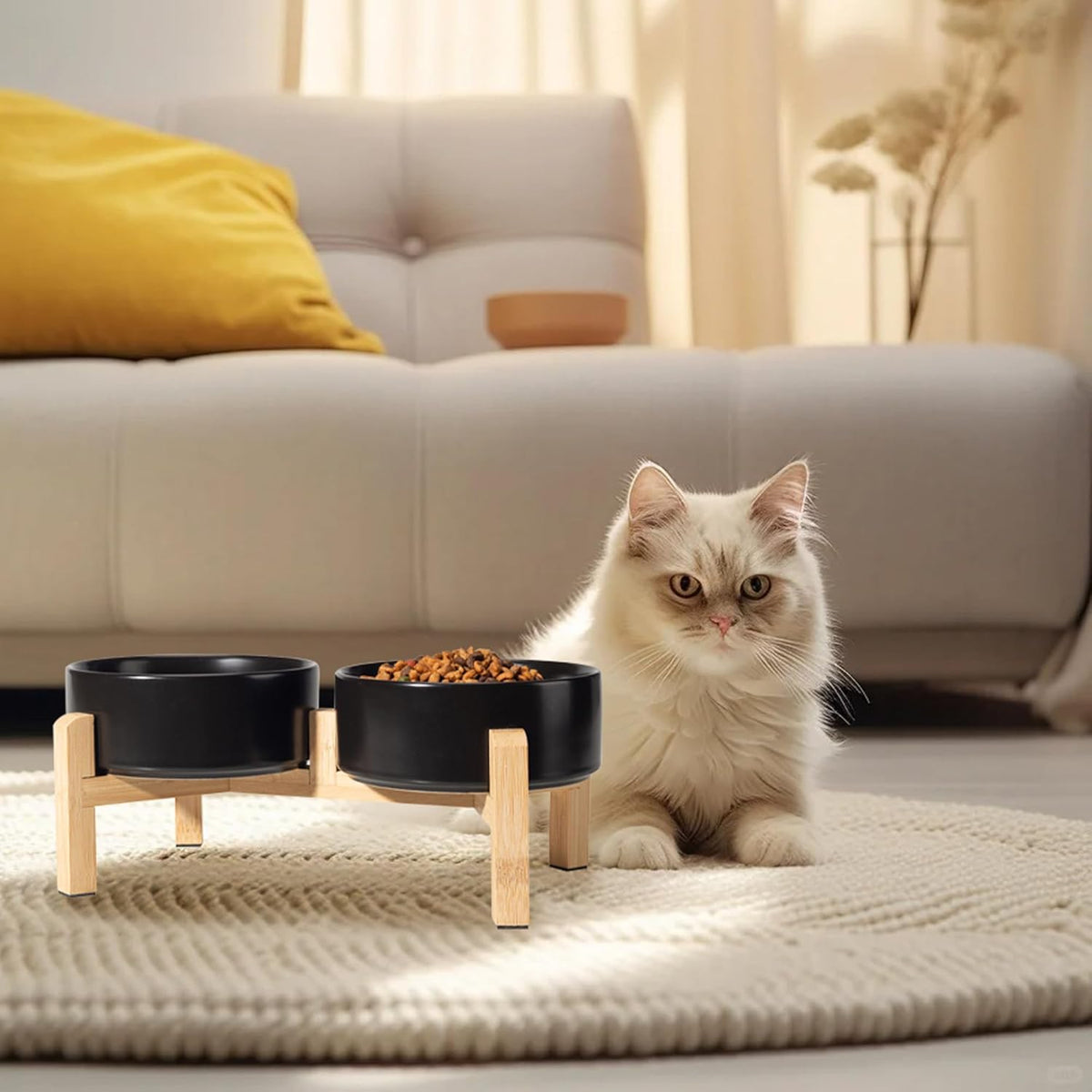 Elevated Ceramic Dog Bowl Set - Raised Feeding Bowls with Non-Slip Bamboo Stand - Small Pet Dishes