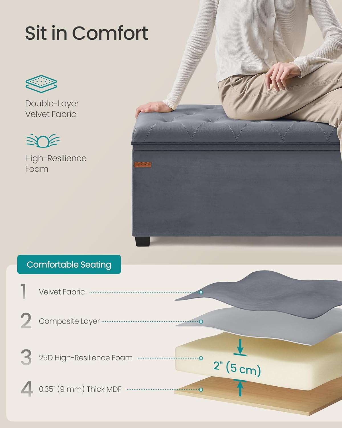 SONGMICS Velvet Storage Ottoman Bench, Foot Rest with Legs, 15.7 x 43 x 15.7 Inches, End of Bed