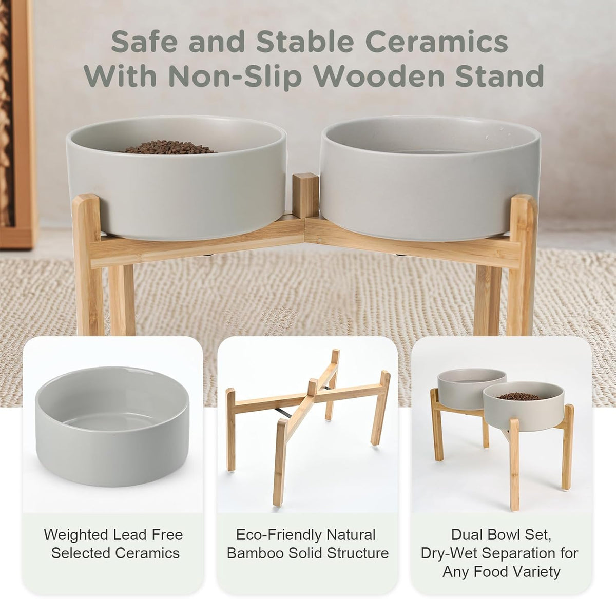 SPUNKYJUNKY Elevated Dog Bowls Ceramic, 8.3'' Dogs Food Water Bowls Raised with Non-Slip Bamboo