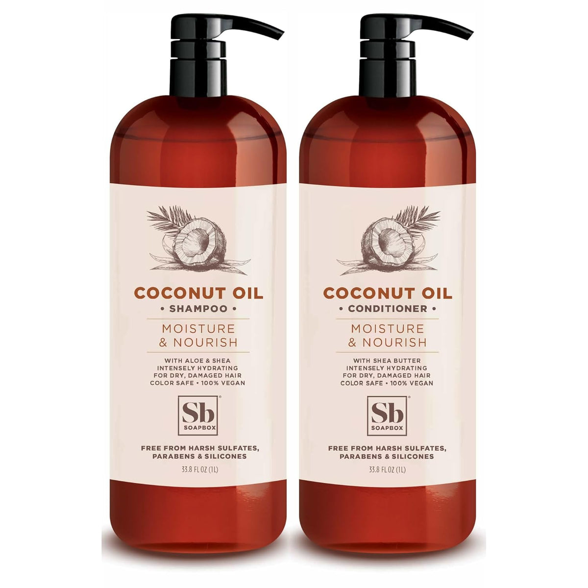 Soapbox Shampoo and Conditioner Set with Coconut Oil, Jojoba Oil, Aloe and Shea Butter to