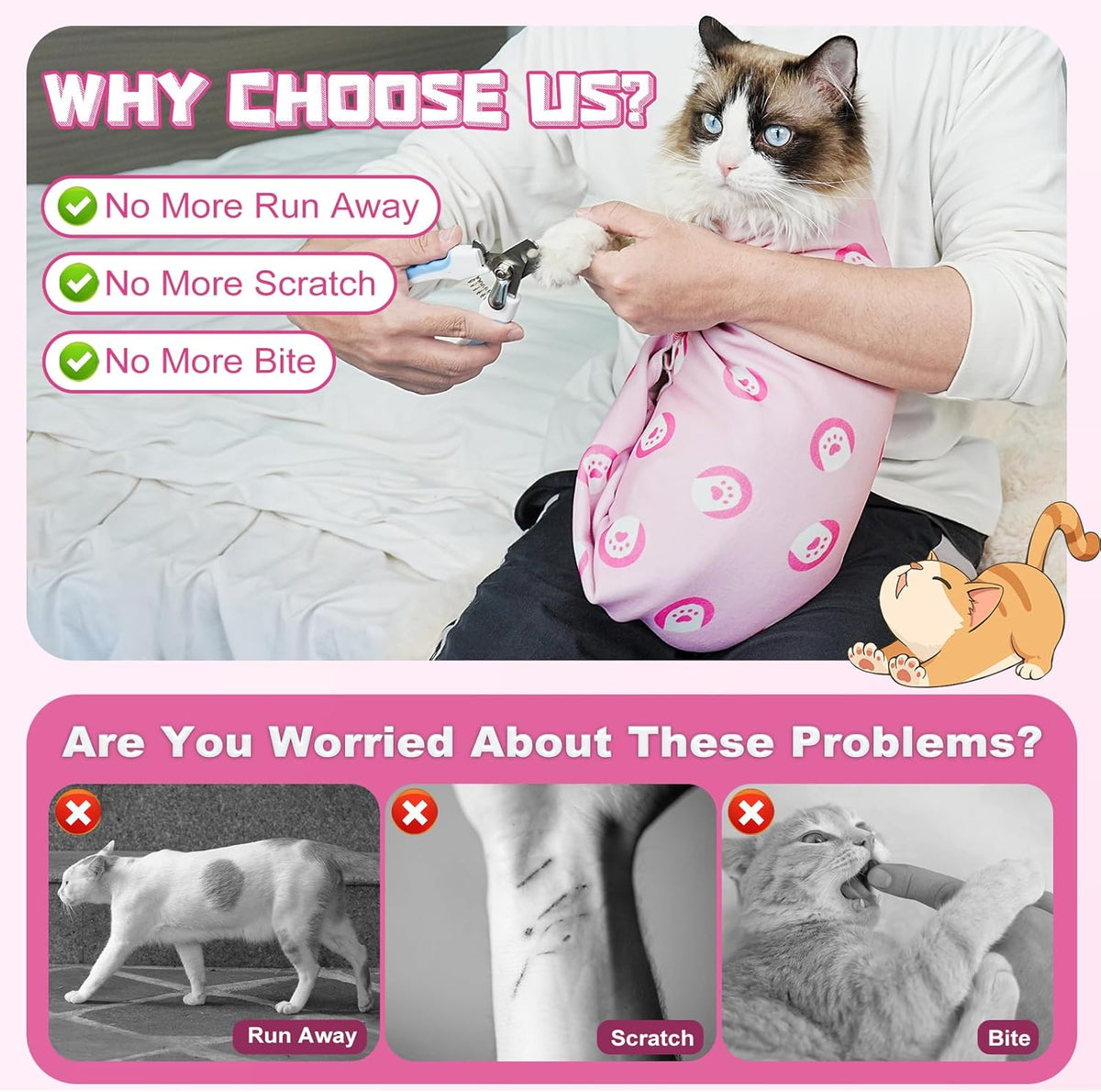 Supet Cat Wrap for Cutting Nails, Self-Adhesive Grooming Wrap, Anti-Scratch Cat Swaddle for