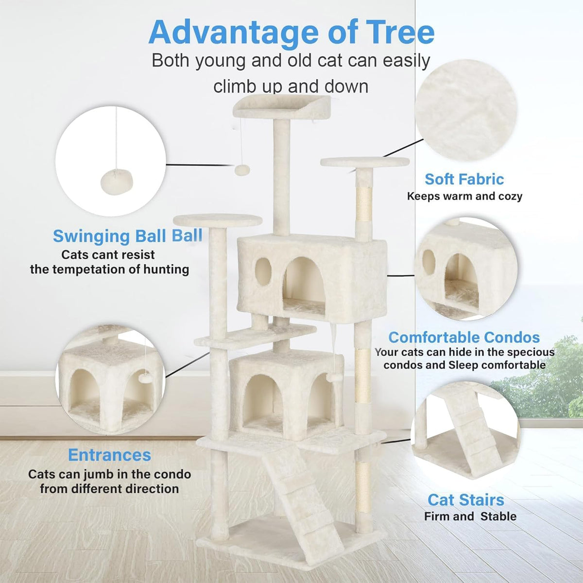 FDW Cat Tree Tower 62in Multi-Level Durable Cat Scratching Post & Cozy Fun Jumping Platform Space