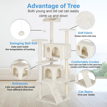 FDW Cat Tree Tower 62in Multi-Level Durable Cat Scratching Post & Cozy Fun Jumping Platform Space