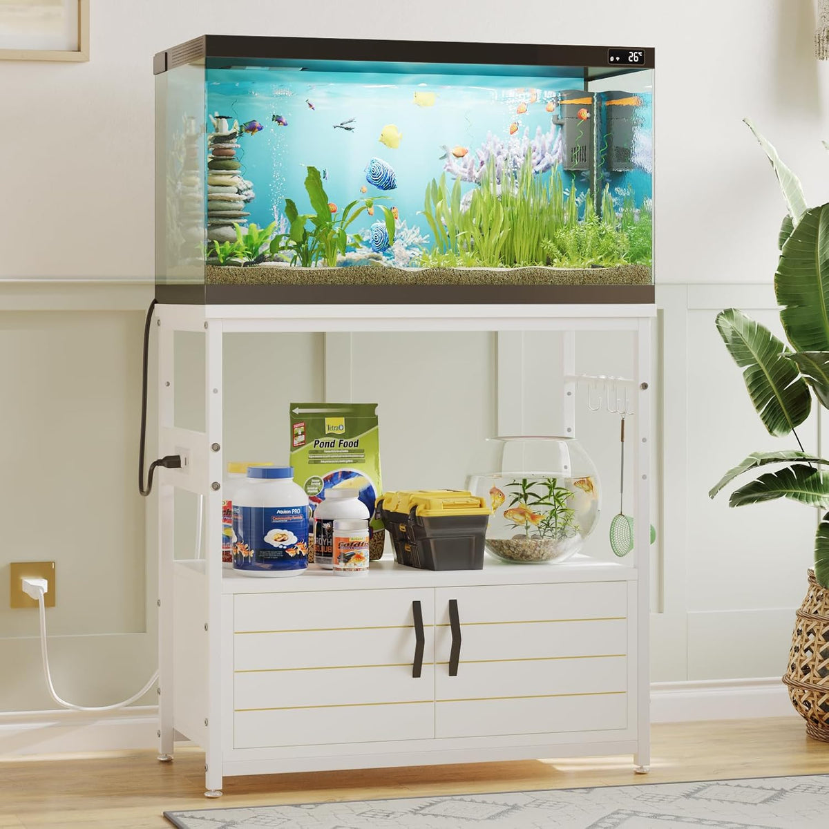 Bestier 20-29 Gallon Fish Tank Stand with Power Outlets, Metal Long Aquarium Stand with Storage