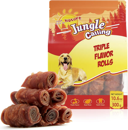 Jungle Calling Triple Flavor Rolls Dog Treats, Made with Real Chicken Duck Beef Meat, Rawhide Free