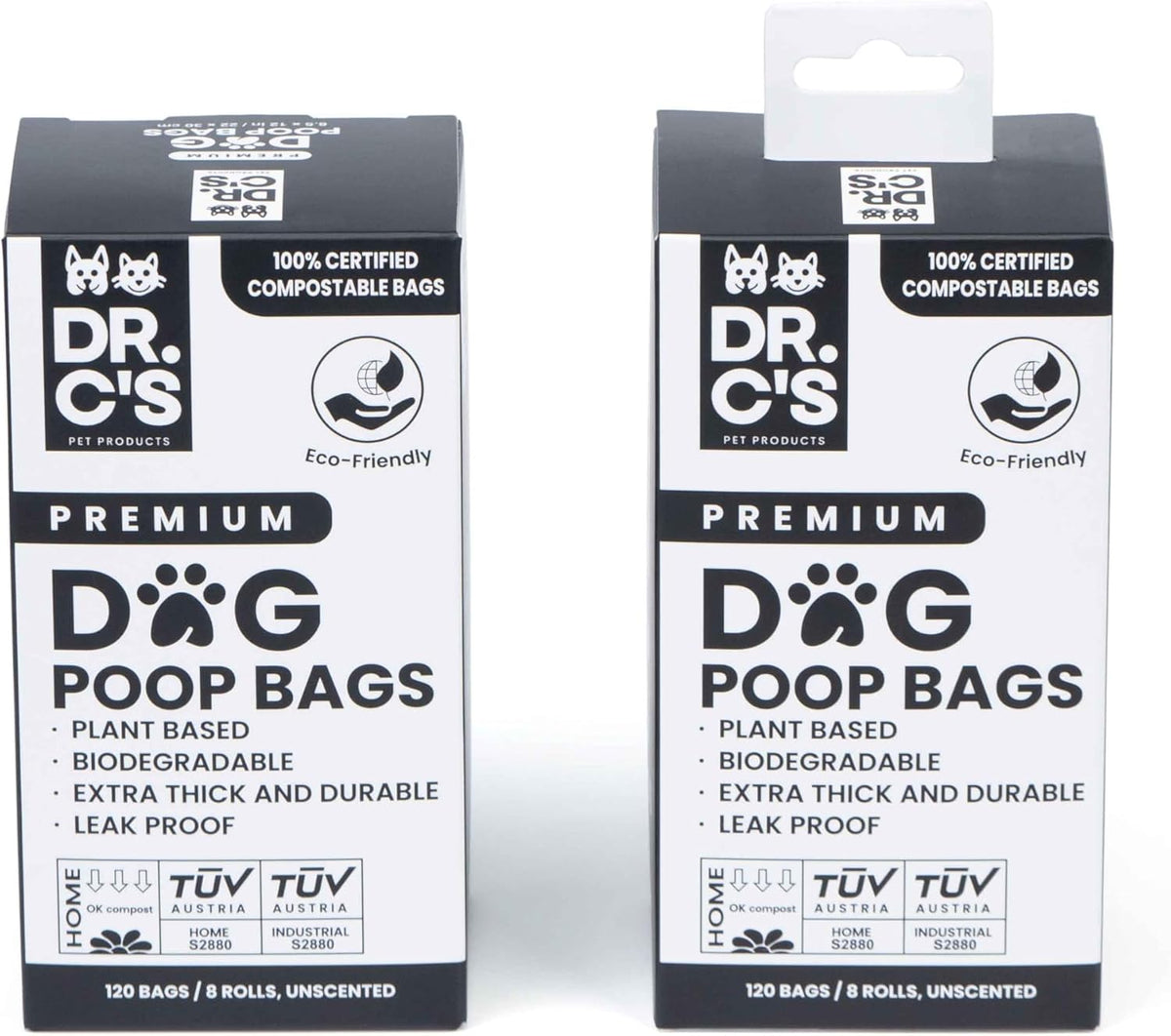 100% Certified Compostable Dog Poop Bags - Dr. C's Premium Dog Poop Bags - 120 Bags / 8 Rolls