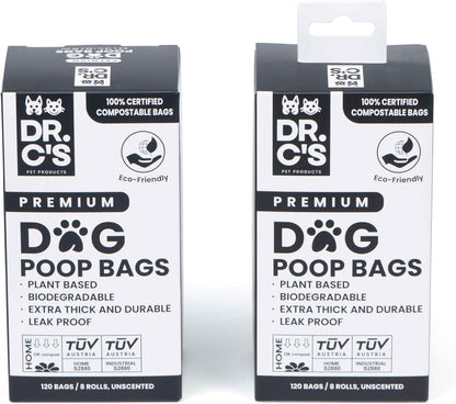 100% Certified Compostable Dog Poop Bags - Dr. C's Premium Dog Poop Bags - 120 Bags / 8 Rolls