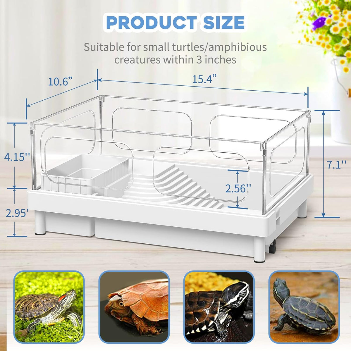 Small Turtle Tank with Filter, Turtle Aquarium, Acrylic Turtle Terrarium with Basking Platform